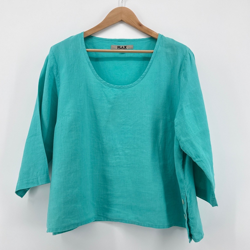 FLAX Linen Tunic Top Turquoise Teal 3/4 Sleeve Side Button Hem Lagenlook Large